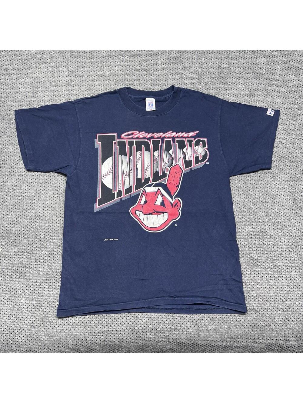Vintage 1995 Cleveland Indians Baseball T-Shirt Large Logo 7 RARE MENS NAVY BLUE